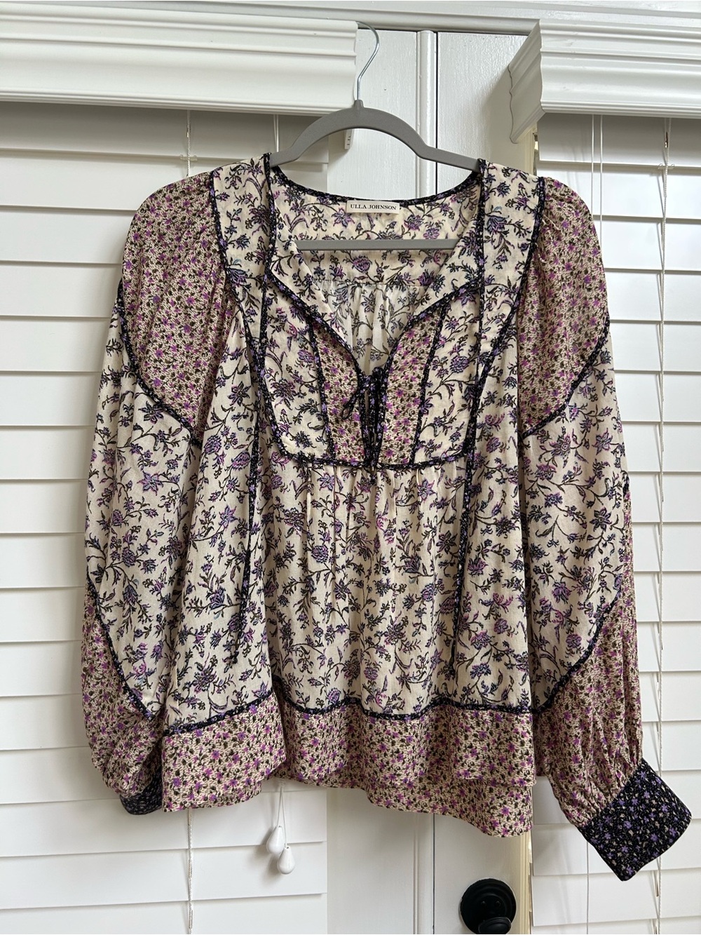 Ulla Johnson Cream and Purple Floral Peasant Blouse